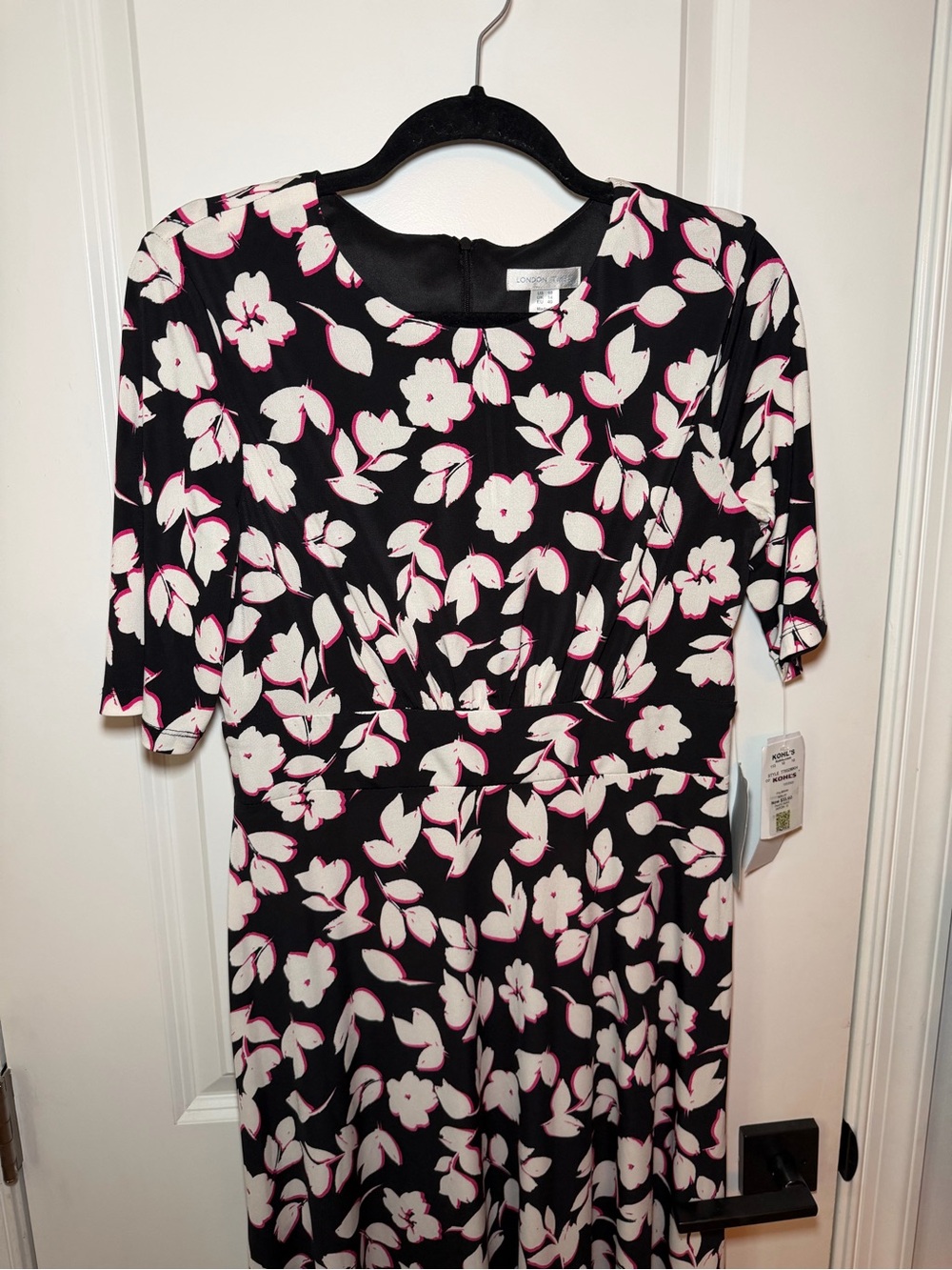 London Times Black Midi Dress with White and Pink Floral Print